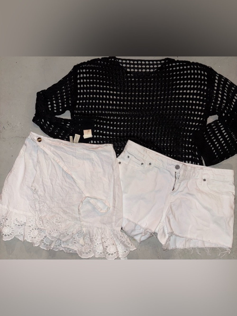Black Crochet Tunic (med) with J crew shorts (8) and bonus  White Skirt (M)
